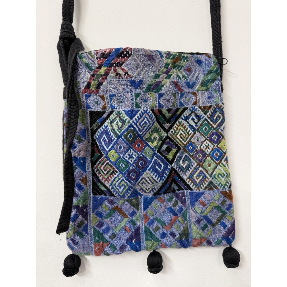 Guatemalan Handwoven Crossbody Bag Pom Poms Multicolored Black Strap Zip Purse
